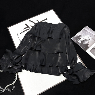 光泽感偏光衬衣女 衬衫 CCA自制复古黑色亮面叠层荷叶边喇叭袖 长袖