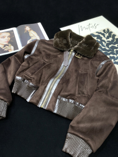 CCA自制美式 外套仿兔绒拼接皮扣收腰夹克女 复古辣妹皮毛一体短款