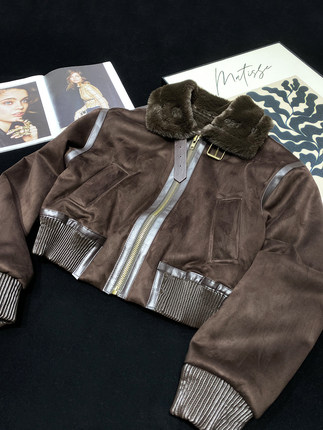 CCA自制美式复古辣妹皮毛一体短款外套仿兔绒拼接皮扣收腰夹克女