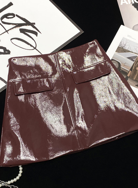 CCA自制高街大牌风安可拉红亮面仿皮短裙A字裙高腰包臀裙PU皮裙女