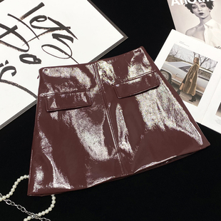 CCA自制高街大牌风安可拉红亮面仿皮短裙A字裙高腰包臀裙PU皮裙女