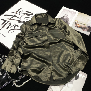 仿绸缎亮面长袖 中长款 醋酸衬衣 复古气质口袋缎面衬衫 CCA自制法式