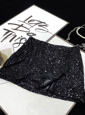 CCA欧美ins博主款黑色亮片半身裙高腰显瘦a字裙亮闪闪包臀短裙女