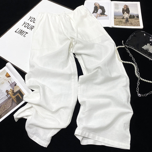 CCA自制不透白色棉麻工装裤抽绳低腰拖地亚麻阔腿裤休闲裤长裤女