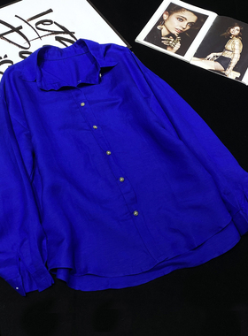 CCA自制宝蓝色棉麻单排扣衬衫中长款慵懒风大版宽松麻料女士衬衣
