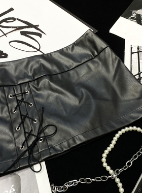 CCA自制美式辣妹风绑带皮裙低腰黑色PU皮半身裙防走光短裙裤裙女