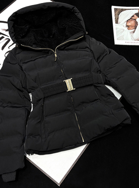 CCA自制北欧极简风腰带收腰黑色连帽棉服修身防水防风棉服外套女