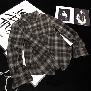 长袖 中长款 格子衬衣 收腰设计复古格纹衬衫 CCA自制小众设计感个性