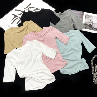 紧身弹力上衣女夏 T恤短款 CCA自制INS博主款 软糯小圆领收腰五分袖