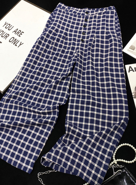 CCA自制明星同款复古蓝色格纹长裤拼色格子高腰拖地排扣阔腿裤女