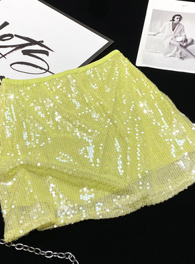CCA自制高街大牌风辣妹黄色亮片短裙亮闪闪时髦夜店反光半身裙女