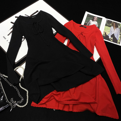 CCA自制jennie同款花边领系带针织连衣裙修身显瘦弹力长袖裙子女