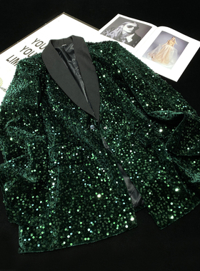CCA高街时髦绿色亮片丝绒西装外套大版oversize中长款演出西服女