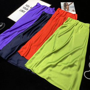 CCA自制复古氛围感缎面半身裙松紧腰亮面仿绸缎长裙A字裙一步裙女