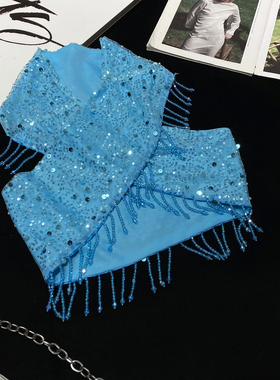 CCA自制串珠流苏亮片蓝色上衣交叉设计露背性感亮闪闪挂脖背心女