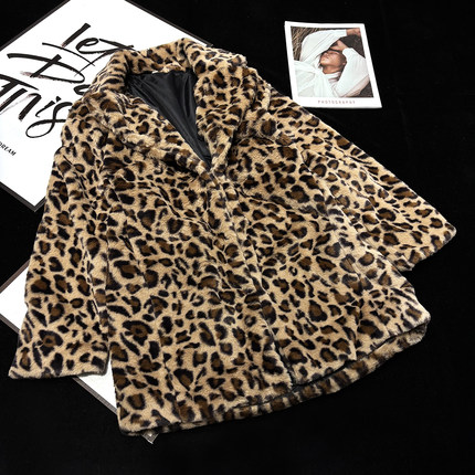 CCA自制欧美街拍风格豹纹印花翻领仿皮草毛绒大衣长款毛毛外套女