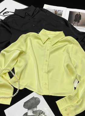 CCA自制辣妹风仿绸缎黄色亮面长袖衬衫短款醋酸纯色缎面女士衬衣