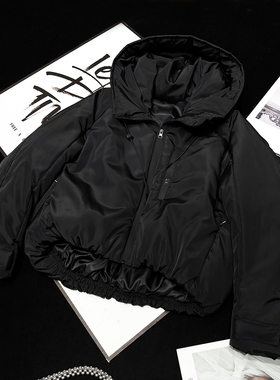 CCA自制小众黑色机能风连帽高腰棉服短款收腰加厚百搭棉衣外套女