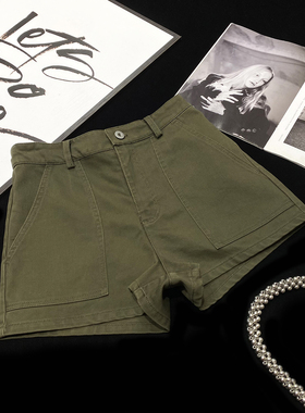 CCA自制ins美式辣妹风军绿色复古口袋短裤高腰显瘦宽松工装热裤女