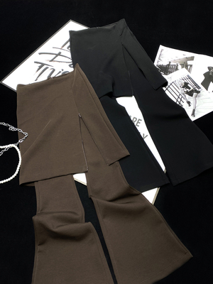 低腰空气层微喇裤假两件拉链裤