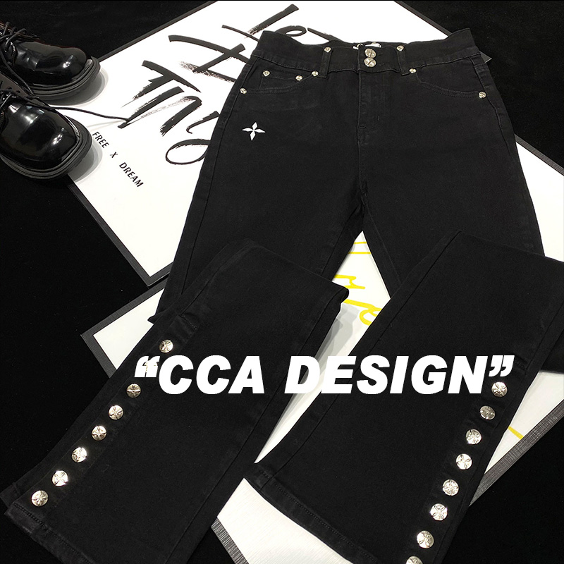 微喇长裤常规款弹力裤口纽扣