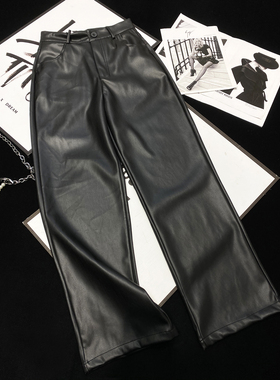 CCA美式复古辣妹风ROSE高腰直筒阔腿黑色拖地皮裤Jennie同款皮裤