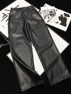 皮裤 Jennie同款 复古辣妹风ROSE高腰直筒阔腿黑色拖地皮裤 CCA美式