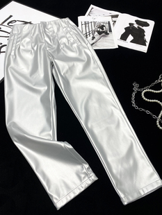 金属光泽感高腰PU皮直筒休闲裤 CCA欧美博主款 ins设计哑光银色皮裤