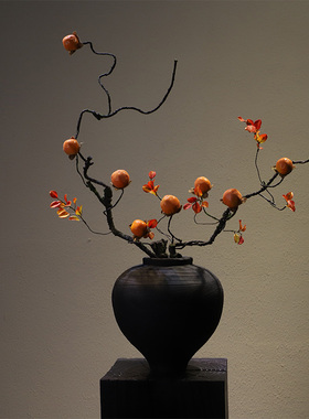 侘寂风黑色树脂花瓶禅意宋韵摆件民宿复古木纹咖啡厅家居桌面装饰