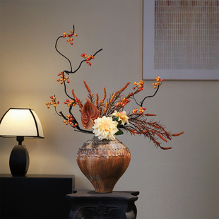 复古陶瓷手工花瓶法式中古摆件民宿酒店玄关禅意插花新中式装饰品