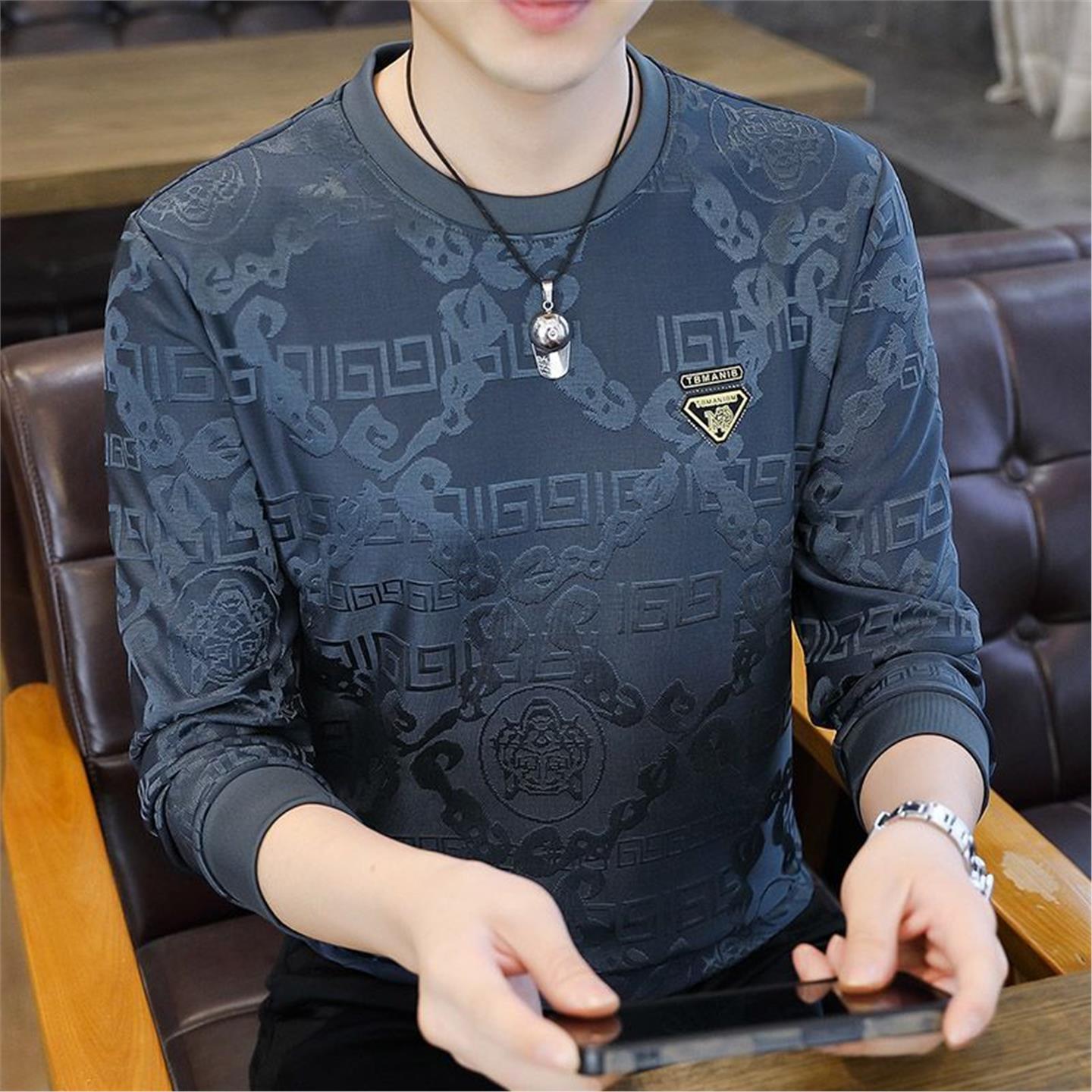 清仓捡漏新款秋冬季圆领提花上衣男士t恤长袖时尚百搭休闲卫衣男