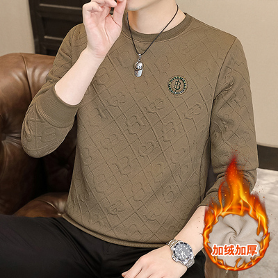 男士加绒加厚卫衣秋冬季上衣提花青年潮流男装秋衣休闲长袖T恤