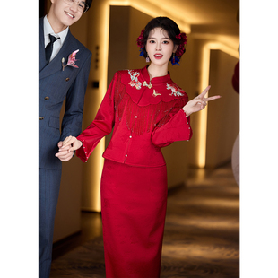 红色旗袍披肩套装敬酒服新娘冬装订婚结婚礼服新中式回门加绒加厚