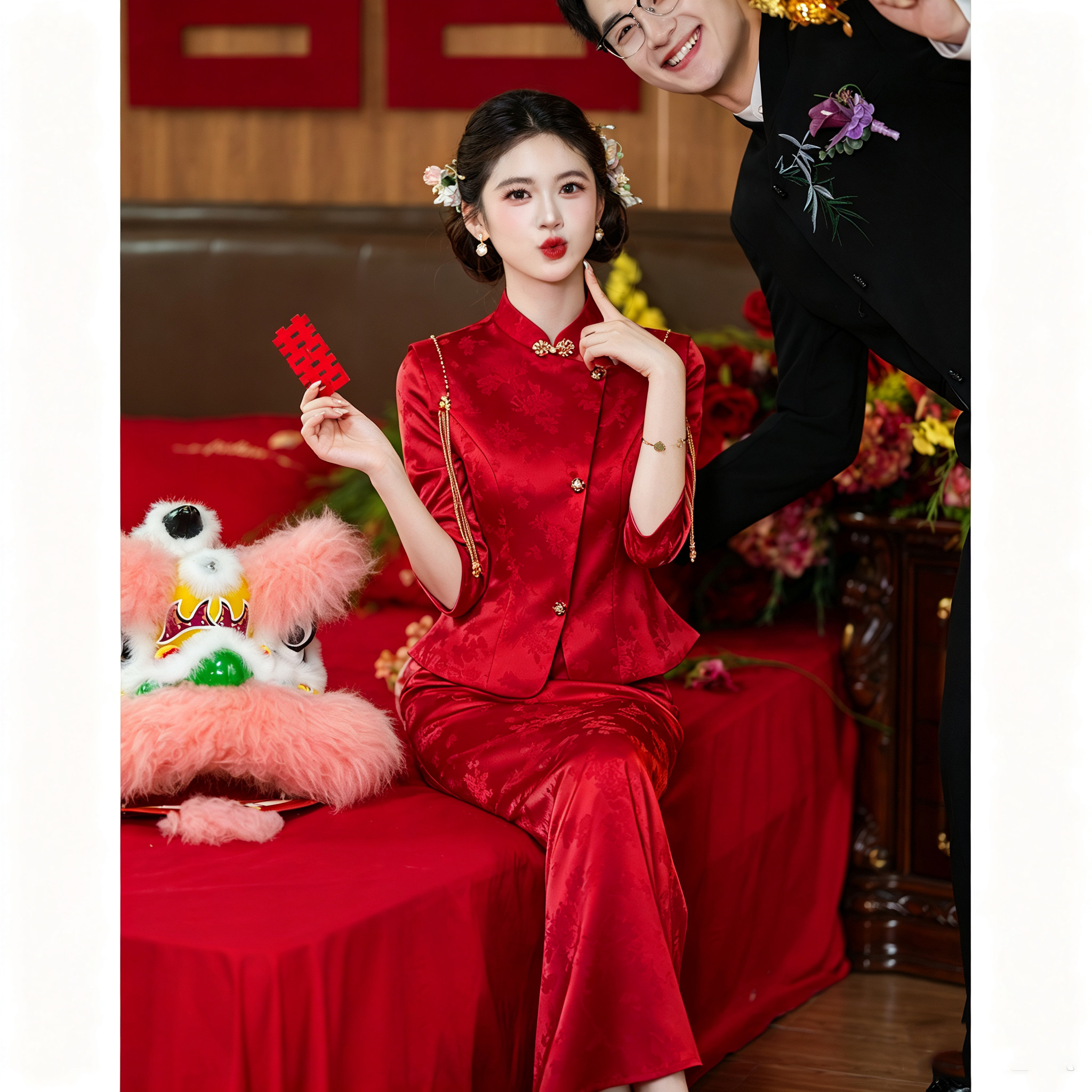 红色旗袍新中式套装敬酒服新娘订婚礼服裙女2026新款绝美结婚衣服
