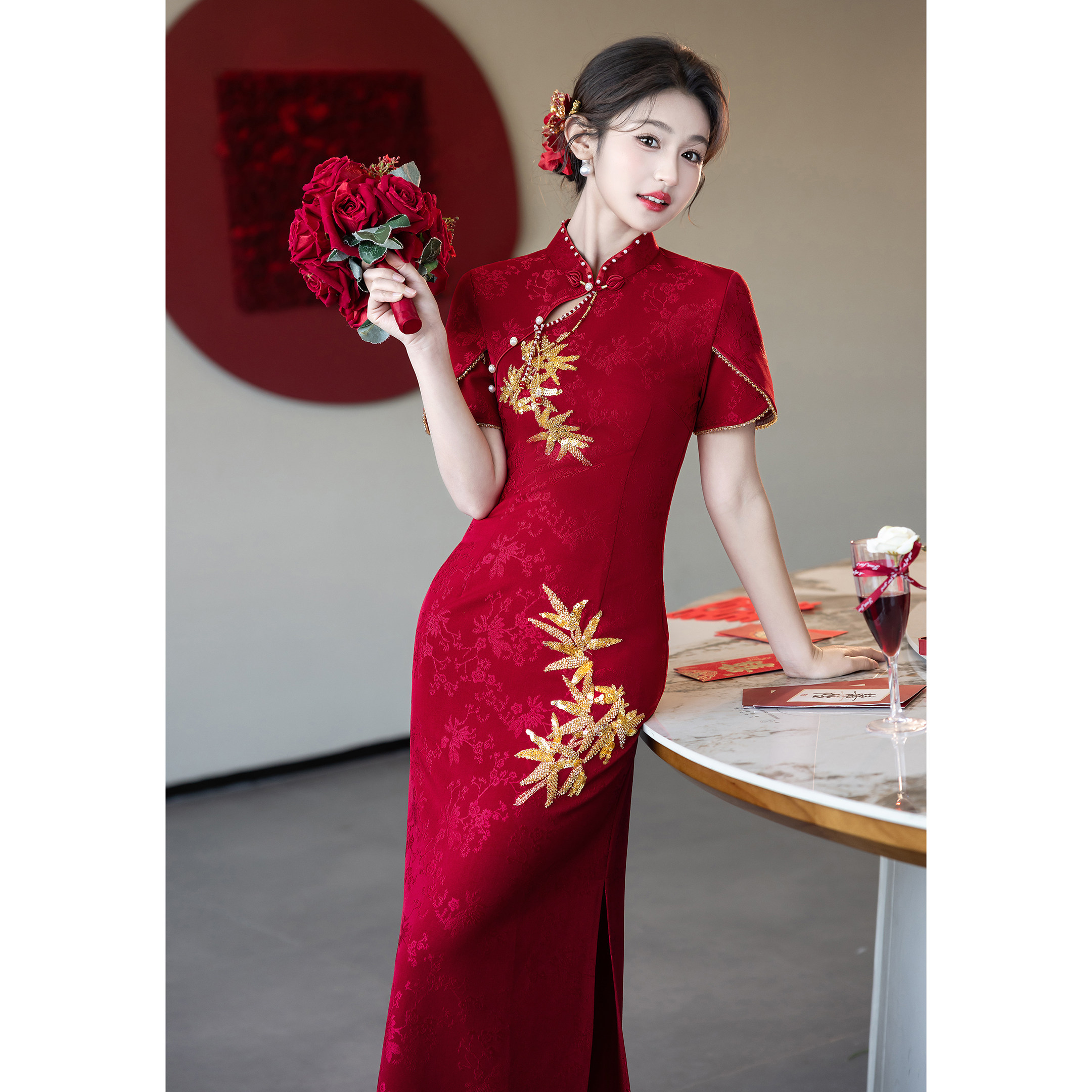 红色旗袍敬酒服新娘2026新款夏季订婚礼服结婚回门便装新中式长款