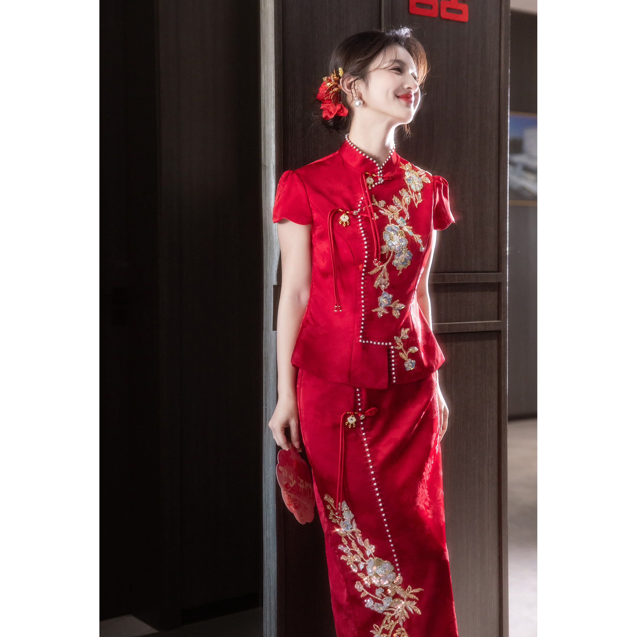 高端敬酒服新娘结婚出阁宴订婚礼服红色旗袍套装新中式国风高级感