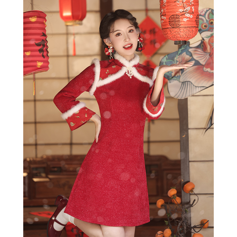 红色旗袍小个子拜年服冬加绒加厚