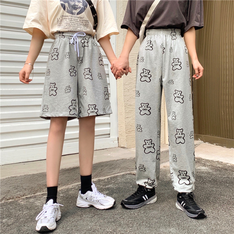實拍 新款小熊褲子女2021新款春秋韓版i薄款休閒褲寬鬆直筒闊腿褲