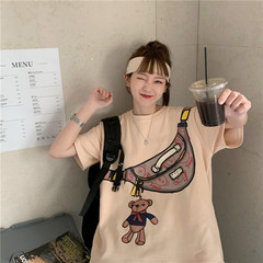 實拍 2021新款純棉小熊挎包印花短袖韓版寬鬆ins潮半袖上衣中長款
