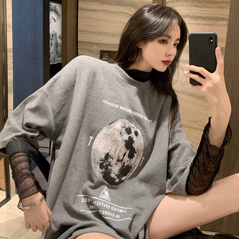 Thickened matted spring and autumn T-shirt women's New Retro Hong Kong style printing loose medium long short sleeve