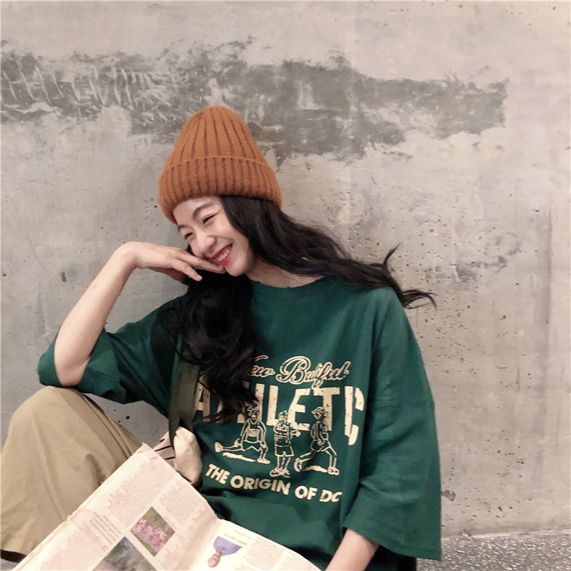 Real shooting of new Hong Kong Style Harajuku BF student loose cartoon print versatile 5-sleeve high collar shirt