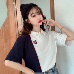 Real photo 2021 spring and summer polo collar Short Sleeve Black and white student t-shirt female Lapel top embroidery women's fashion