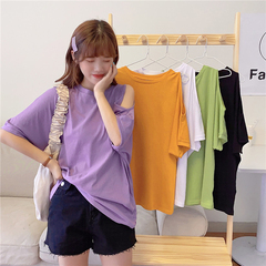 實拍純短袖恤女夏季寬鬆設計感小眾心機性感漏肩上衣服