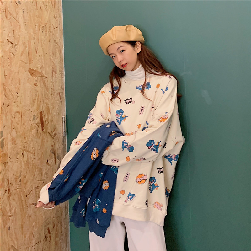 Real photo 2021 new dinosaur spring and autumn thin sweater women's Pullover loose Korean irregular printing