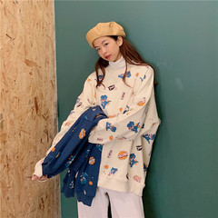 Real photo 2021 new dinosaur spring and autumn thin sweater women's Pullover loose Korean irregular printing