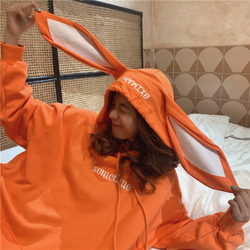 Real photo 2021 new thin rabbit ear sweater women's Korean loose medium length top