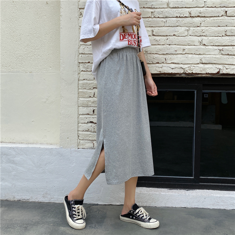 Real shot cotton skirt women's straight tube split length student casual slim versatile one-step skirt