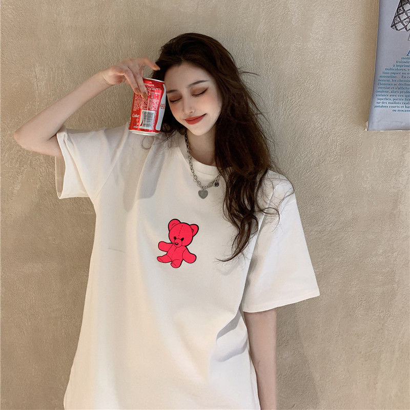 Thick matte T-shirt women's fashion Korean loose bear short sleeve top medium length foreign style bottom coat
