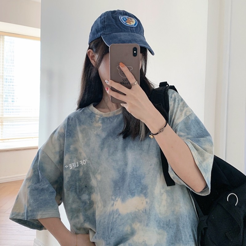 Real shot of new Harajuku style tie dye Hong Kong Style Short Sleeve T-Shirt versatile women's middle length dark