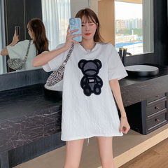 實拍薄款夏季港風小熊中長款寬鬆韓版短袖恤女